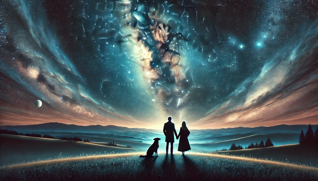 A scenic nighttime landscape in a horizontal format. A man and a woman stand hand in hand with a dog sitting loyally beside them, all silhouetted against a vivid, star-filled sky. The night sky is vast and breathtaking, showcasing the Milky Way and countless stars that evoke a sense of wonder and infinite possibilities. The foreground features gentle hills and hints of natural vegetation, creating a serene and tranquil atmosphere. The composition conveys unity, hope, and the beauty of shared dreams under the expansive cosmos.